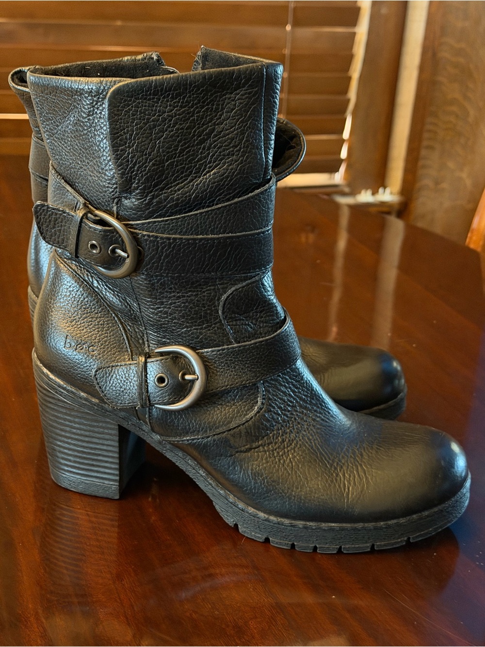 Genuine Leather b.o.c. Black Buckle-Strap Block Heel Ankle Boots.